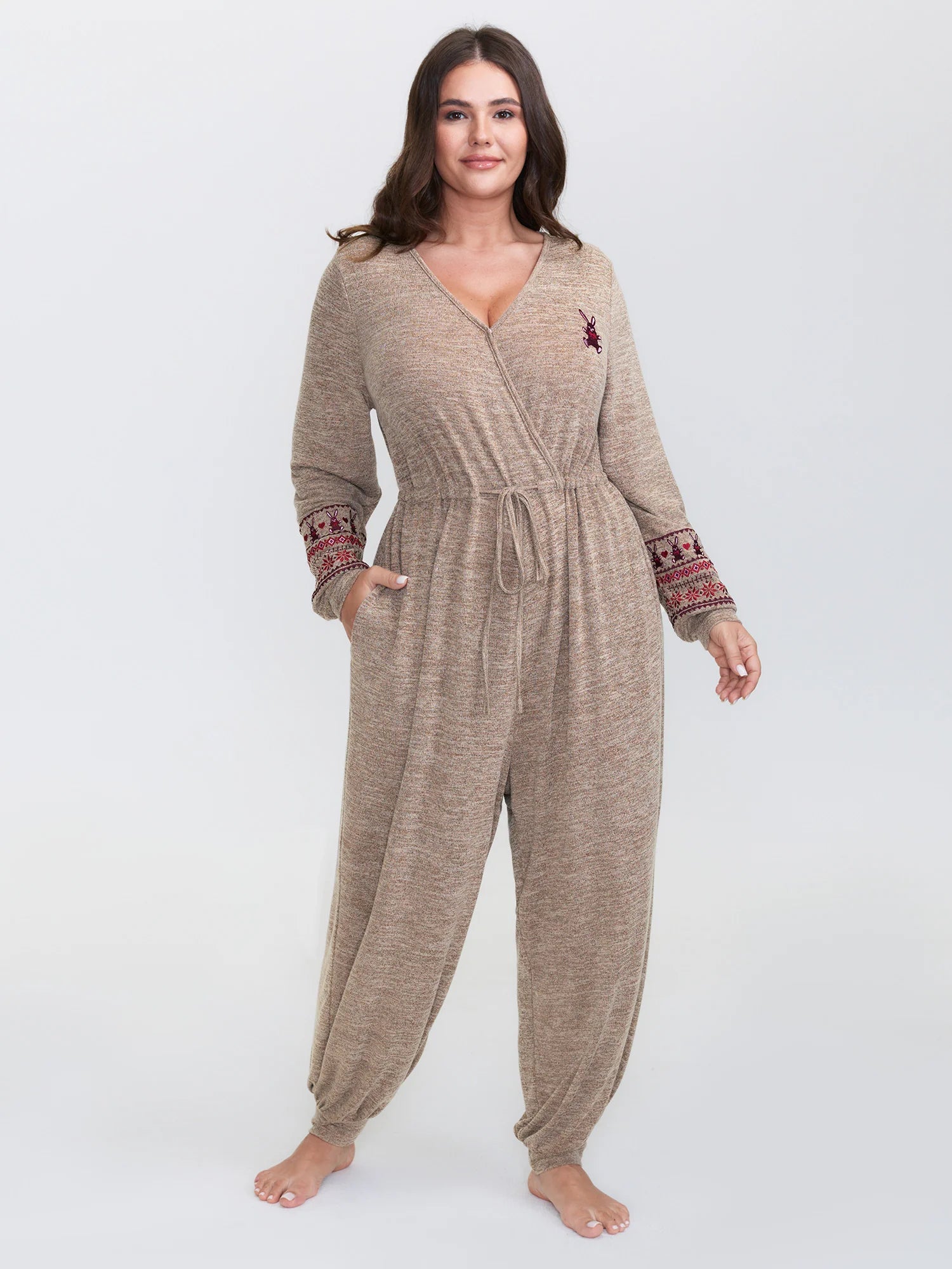 Stretchy Embroidery Pockets Drawstring Lounge Jumpsuit
