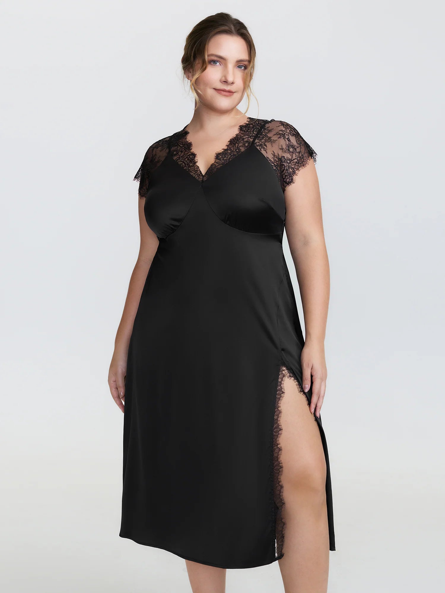 Sheer Lace Trim High Slit Sleep Dress